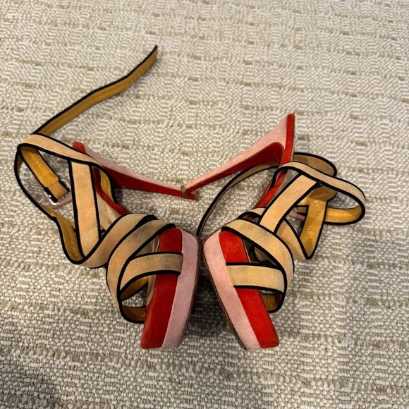 Rare Vintage Christian Louboutin Tan & Red Suede Strappy Heels | Size 8 - Picture 3 of 6